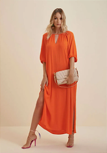 Vestido Morena Rosa Midi Decote Redondo Com Faixa Laranja