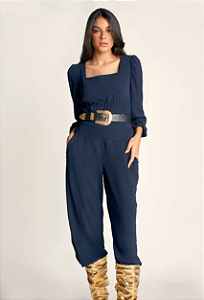 Calca Zinco Pantalona Cós Alto Bolso Faca Azul