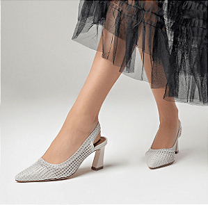 Scarpin Slingback Tramado Julie Bico Fino Salto Alto Valentina Flats Branco