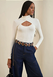 Blusa Morena Rosa Ajustada Gola Alta Manga Longa Padrão Off White