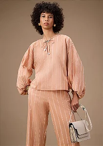 Blusa Maria.Valentina Solta Decote Reto Manga Longa Padrão Bege