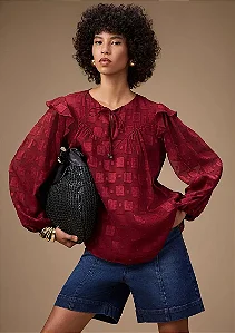 Blusa Maria.Valentina Oversized Decote Careca Manga Longa Padrão Bordo