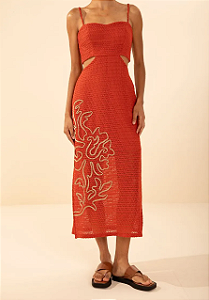 Vestido Morena Rosa Ajustado Decote Reto Com Alça Midi Vermelho