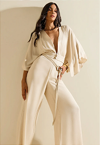 Macacão Morena Rosa Solto Decote V longo Off White