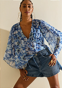 Blusa Morena Rosa Solta Decote V Azul