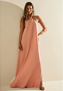 Vestido Morena Rosa Longo Rosa Solto Sem Manga