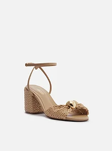 Sandália Bege Palha Salto Bloco Metal