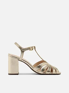 Sandália Dourada Couro Salto Bloco Arezzo
