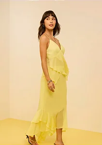 Saia Zinco Evasê Midi Amarela Leve