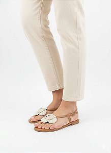 Sandália Rasteira Flor Couro Lacore Off White e Caramelo