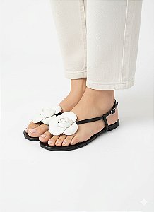 Sandália Rasteira Flor Couro Off White e Preto