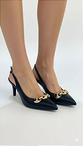 Slingback Preto Couro com Metal Dourado Lacore