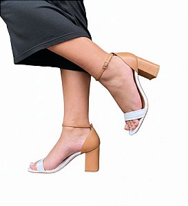 Sandália Salto Bloco Lacore Couro Caramelo