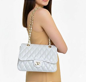 Bolsa Média Off White Couro Gloss Elegante