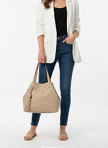 Bolsa Grande Couro Gloss Bege 43cm