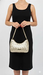 Bolsa Dourada Couro Gloss Alça Corrente