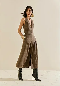 Saia Morena Rosa Evasê Alta Midi Marrom