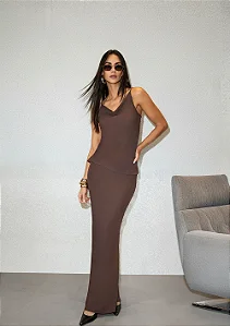 Saia Midi Evasê Zinco Marrom