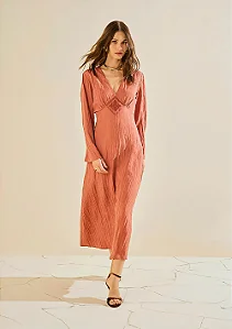 Vestido Morena Rosa Midi Manga Longa