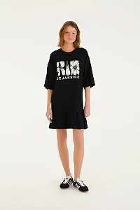 Vestido Curto Pregas Rio Flor Preto
