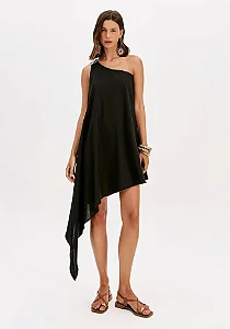 Vestido Curto Assimétrico Com Linho