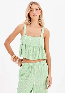 Blusa Cropped Ampla Com Linho Listrada
