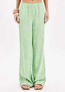Calça Wide Leg Com Linho Listrada