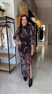 Vestido Super Midi Estampado Manga Longa Com Cinto MYFT 502VE012389