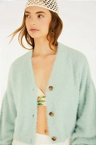 CARDIGAN CURTO PELINHO VERDE AGUA FARM 357276