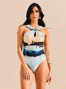 Maio halter recorte detalhe estampada De Chelles MA1793BQ