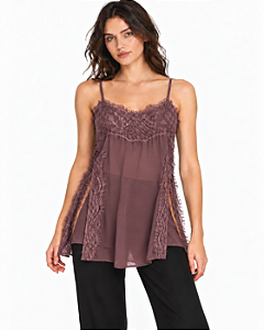 Blusa de alça em crepe com renda marrom MYFT 502BL010101