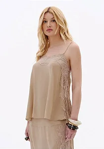 Blusa de alça em crepe com renda caqui MYFT 502BL010101