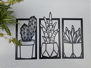 Quadro Decorativo Vazado Cactos Suculenta 3mm Preto