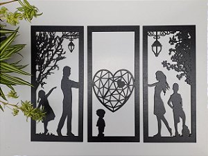 Quadro Decorativo Vazado Família 3 filhos  3mm Preto