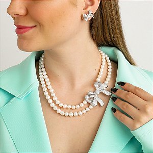 Colar duplo pérolas água doce com laço em zircônias Ref.80622