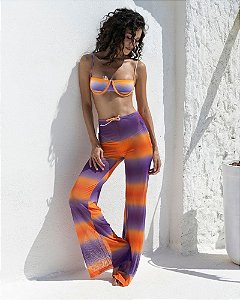 Calça de Tule Cintura Alta Estampada Degradê Roxo e Laranja