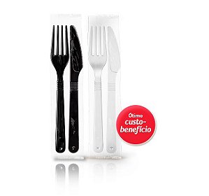 Kit Garfo e Faca Refeição Branco Master Sachê Pacote 25 cj.