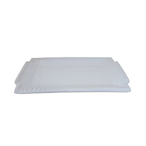 BANDEJA RETANGULAR BOLINHA CERAMICA BRANCO