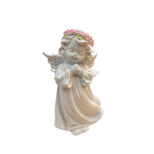 Anjo Resina Flor Rosa Direita Decorativo Batizado