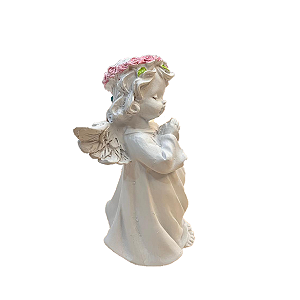 Anjo Resina Flor Rosa Direita Decorativo Batizado