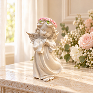Anjo Resina Flor Rosa Direita Decorativo Batizado