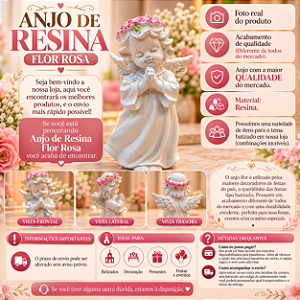 Anjo Resina Flor Rosa Esquerda Decorativo Batizado