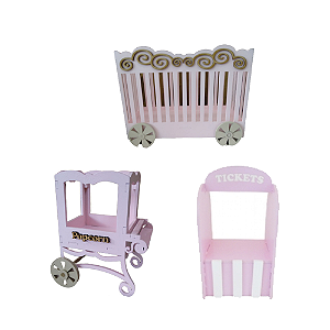 Kit Mini Circo Decoração Para Festa Rosa Bebê Mdf 3 Peças