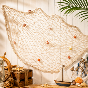 Rede De Pesca Conchas Bege Decorativa Festa Náutica Rústica