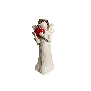 Mini Anjo Bege Coração Vermelho Cerâmica Decorativo Batizado