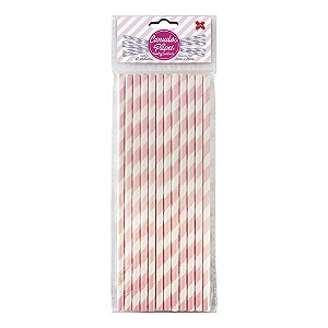 Canudo Listrado Rosa Claro De Papel Decorar Make+ 12uni