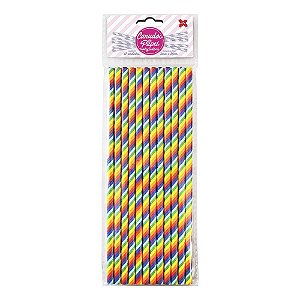 Canudo Listrado Arco Iris De Papel Decoração Festa Make+ 12un