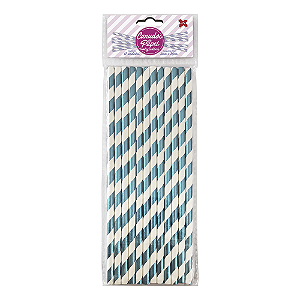 Canudo Listrado Azul E Branco Metalizado De Papel Make+ 12un