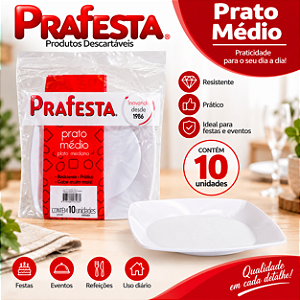 Prato Quadrado Médio Refeição Branco Descartável 10uni