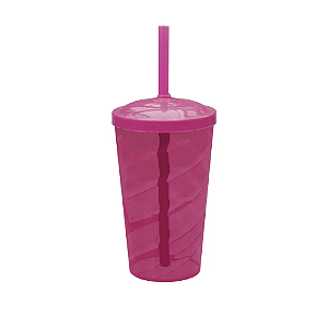 Copo Fest Twister Tampa E Canudo Rosa Fluor 400ml Plástico